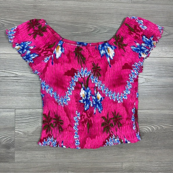 Hot Pink Floral Off Shoulder Ruched Top Hibiscus Collection Hawaii OS - Picture 1 of 4